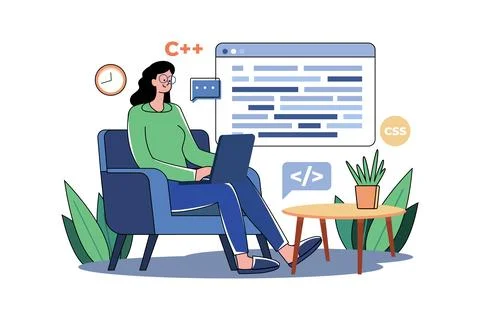 Woman Programming On A Laptop 스톡 일러스트