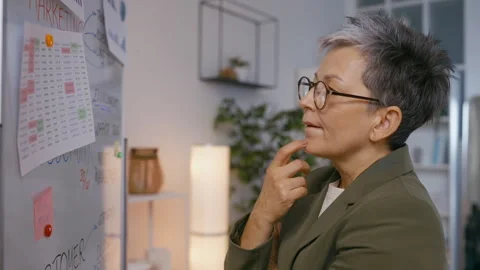 Woman project manager develops company strategy, writes ideas on whiteboard 動画素材 276404991