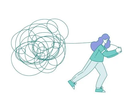 Woman Pulling Clutter or Tangled Skein Suffer from Psychic Illness Vector Stock Illustration