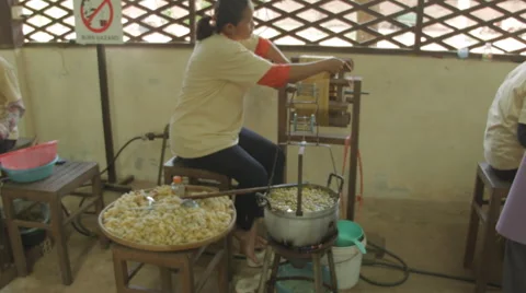 Woman pulling silk thread from silkworm cocoons in a silk factory Stock Footage 48008857