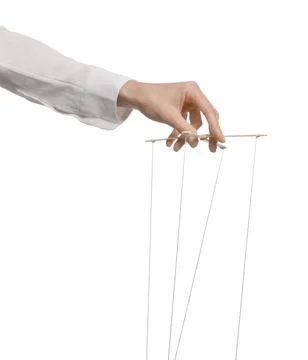 Woman pulling strings of puppet on white background, closeup Stock Photos