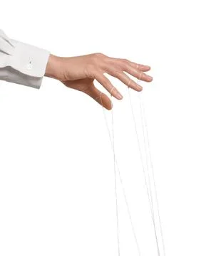 Woman pulling strings of puppet on white background, closeup Stock Photos