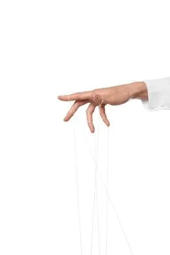 Woman pulling strings of puppet on white background, closeup Stock Photos