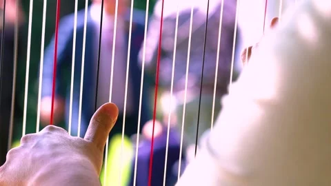Woman Pulls the Strings to Play Harp in an Outdoor Event, Close Up, Slow Motion Video stock 161129301