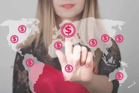 Woman pushing button with dollar map currency web icon. business, technology and Stock Photos