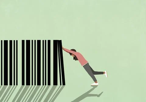 Woman pushing large bar code against green background Stock Illustration