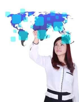 Woman pushing a touch screen interface Stock Photos
