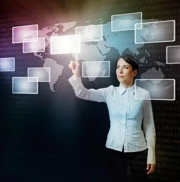 Woman pushing virtual button in web interface business woman pushing virtu... Foto stock