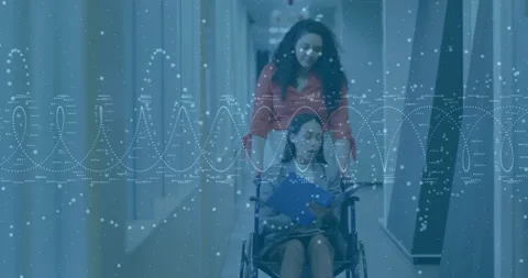 Woman pushing wheelchair with data processing animation overlay in hallway Stock-Footage 304862186