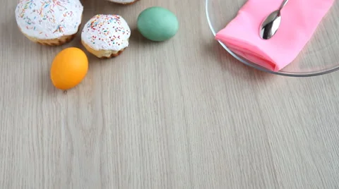 Woman put plate of Easter cake, but she changed her mind and took the plate back Stock Footage 61749946