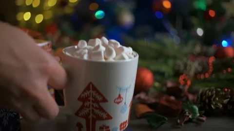 A woman puts cocoa whit marshmallows on wood table. Christmas, New Year concept Stock Footage 166301265