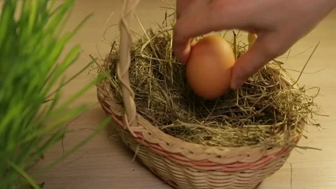 A woman puts Easter eggs in a basket with hay. Only hands. Easter decorations Stock Footage 106064706