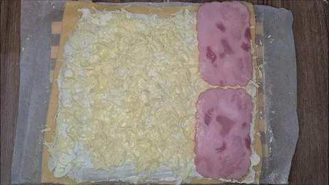 Woman Puts Ham On Cheese While Making Roll. Stock-Footage 220727757