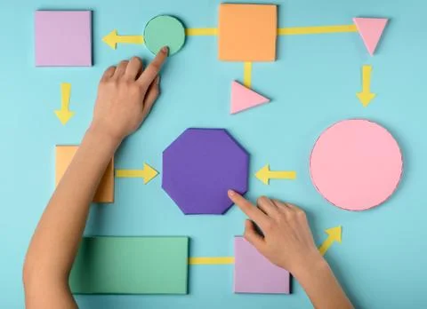 Woman putting items into algorithm. Colorful paper blocks Foto stock