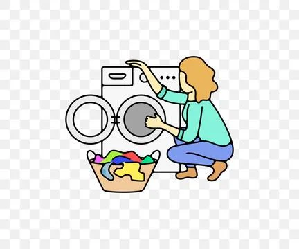 Woman putting, loading and pulls out clothes from washing machine Stock Illustration