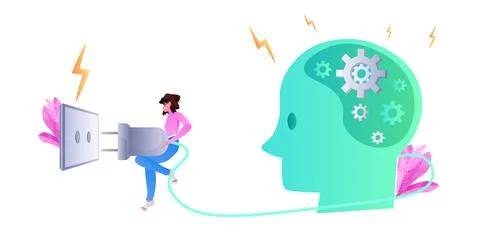 Woman putting power plug into socket human head with gear wheels productivity Ilustração Stock