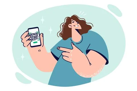 Woman with QR code on phone points to gadget with data confirming registration Stock Illustration