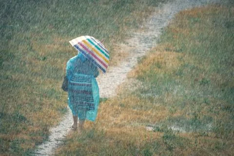 A woman in a raincoat and with an umbrella on a rainy day walks along the trail Stock Photos
