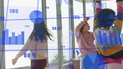 Woman raising arms causing group mirroring and dancing for fun amid blue bar Stock Footage 333287540