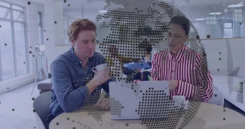 Woman reaching laptop, developing tech code with globe overlay while man sipping Stock Footage 331062543