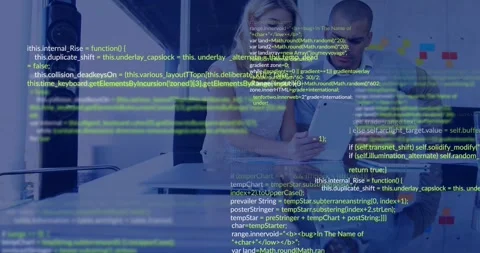 Woman reaching tablet, activating scrolling code overlay while man tapping, Stock Footage 329899877