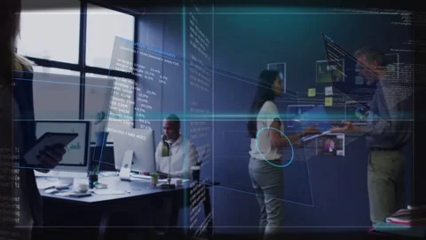 Woman reaching wall, using UI; peer handing tablet; man checking business Stock Footage 333477502
