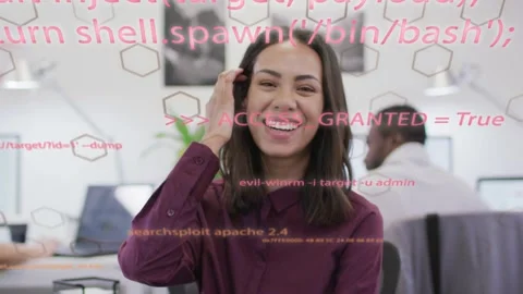 Woman reacting to pink code overlay reading ACCESS_GRANTED, smiling and tucking Stock Footage 333790354