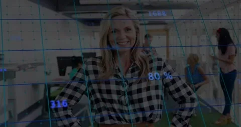 Woman reacting to shifting data grid aligning over face in tech office, smiling Stock Footage 334178908