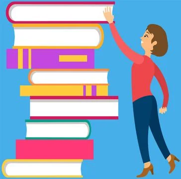 Woman reader loves to read seeks knowledge. Concept of learning, self-teaching Illustrazione stock