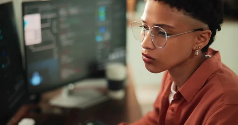 Woman, reading and computer for programming in office with research, software Stock Footage 330075176