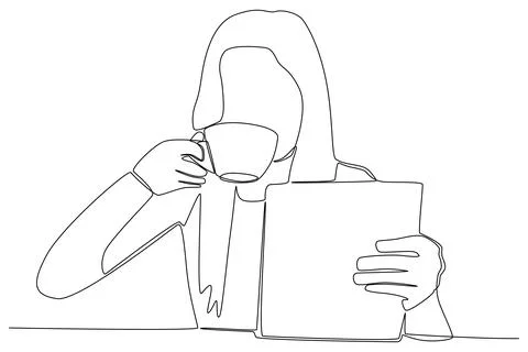 A woman reading an article while drinking a cup of coffee Stock Illustration