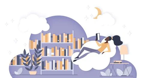 Woman Reading Book on Cloud Library 스톡 일러스트