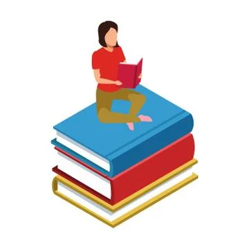Woman reading a book sitting on stack of books 스톡 일러스트