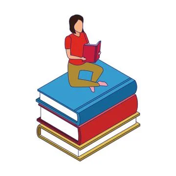 Woman reading a book sitting on stack of books 스톡 일러스트
