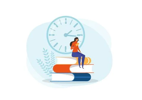 Woman reading book, sitting on stack of giant books. Time to read books Conce Stock Illustration