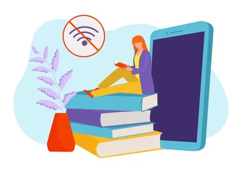 Woman reading book sitting on stack of giant books next to a smartphone. Digital 스톡 일러스트