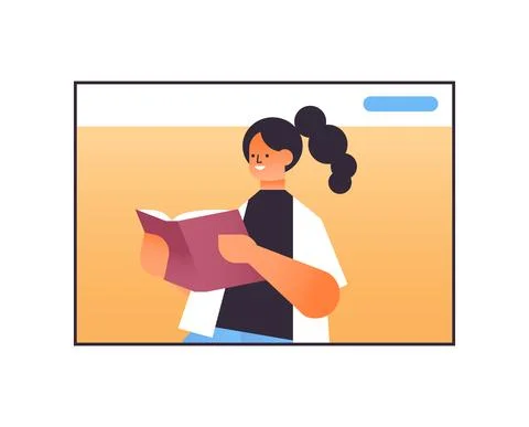 Woman reading book in web browser window online teacher e-learning distance 스톡 일러스트