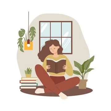 Woman reading book while sitting flat style Stock Illustration