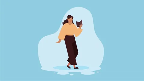 Woman reading book while walking on blue background with abstract shape. Stock Footage 333305258