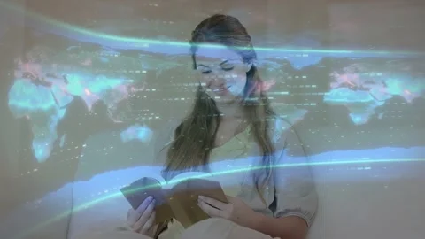Woman reading on couch, world map projecting over woman with blue bands Stock Footage 333485661