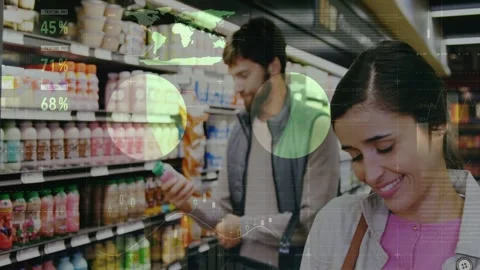 Woman reading label sparking data charts while man placing bottle in cart Stock Footage 332469157