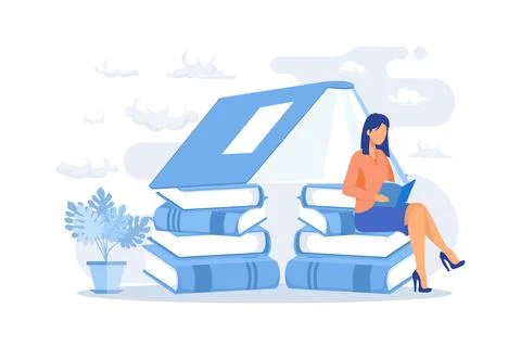 Woman reading in library. Stack of books. Sitting rest, useful leisure, sma.. Stock Illustration
