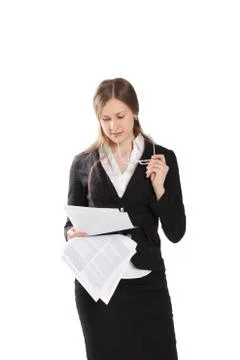 Woman reading model release document Stock Photos