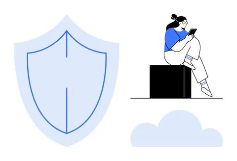 Woman reading on a tablet while seated on a block. Large shield icon beside h Stock Illustration