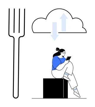 Woman reading tablet while sitting on a box beside a giant fork and cloud wit Stock Illustration