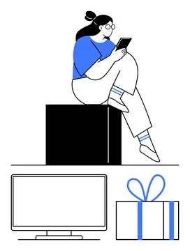 Woman Reading Tablet while Sitting on Block, with TV and Gift Box Below Stock Illustration
