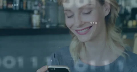 Woman receiving tech message, tapping phone scrolling chat, binary code flowing, Stock Footage 313494084