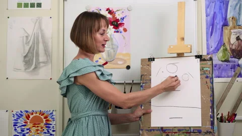 Woman recording tutorial course about learning to draw. Spbas Artist stand with Vídeo Stock 165192985
