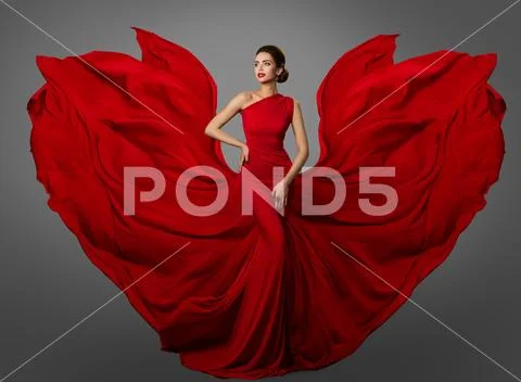 Woman Red Dress, Fashion Model in Long Silk Waving Gown Wings, Flying Fabric Stock Photos