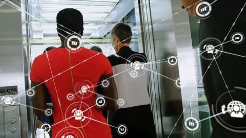 Woman in red entering elevator while checking phone, creating network nodes Stock Footage 334036817